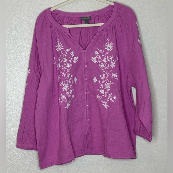 Style & Co. Pink Floral Embroidered 100% Cotton Top XXL MACY’S Exclusive NWOT - Picture 4 of 14